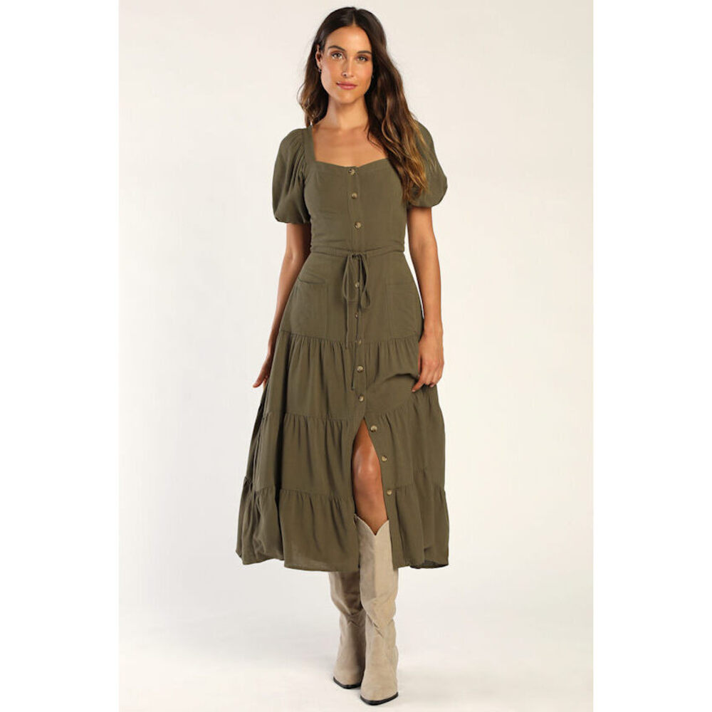 Lulus Got All That Olive Puff Sleeve Tiered Midi Dress With Pockets Green